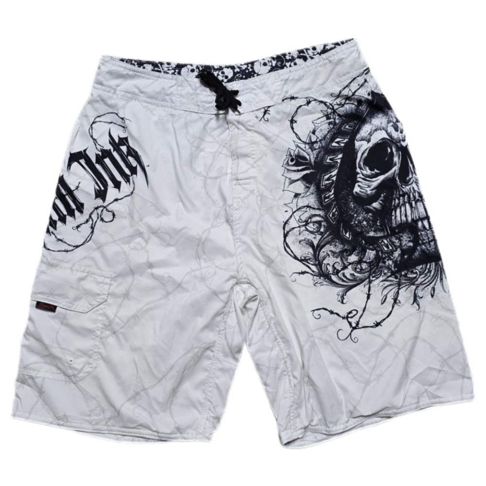 Y2K Miami Ink Barbed Wire Skull & Bones Board Shorts Sz 34 Swim Trunks VTG‎